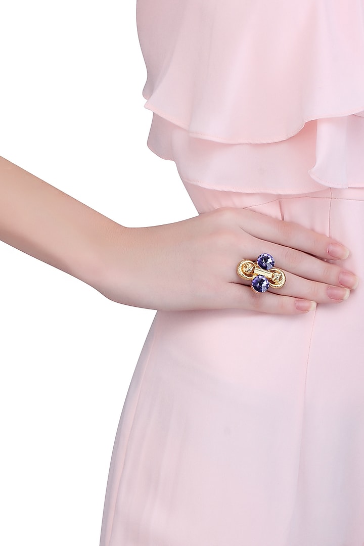 Gold Finish Double Blue Stone Middie Ring by Valliyan by Nitya Arora