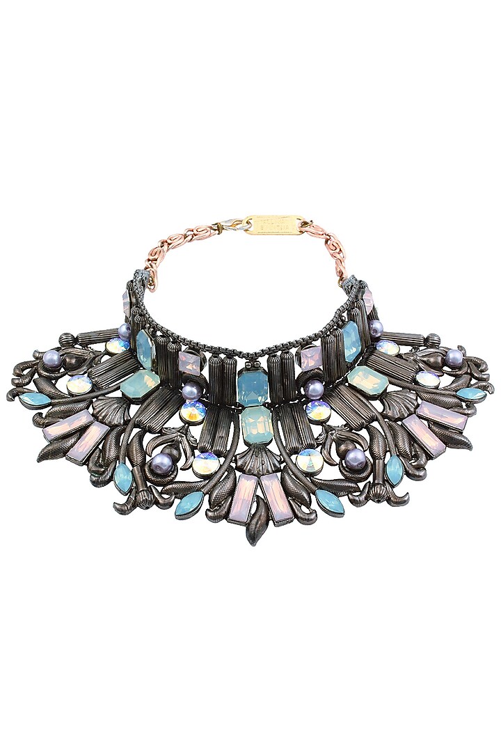 Valliyan by Nitya Arora presents Gunmetal finish semi precious stone jaal choker available only at Pernia's Pop Up Shop.