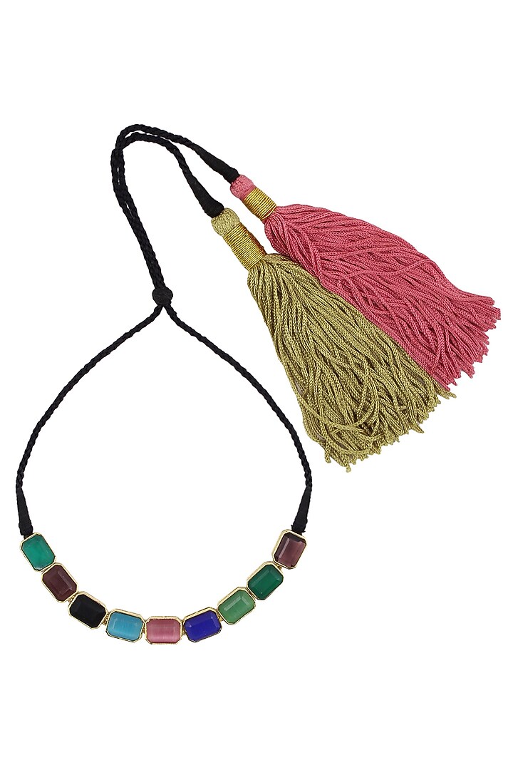 Valliyan by Nitya Arora presents Blue, pink, green, black and brown semi precious stone black thread necklace available only at Pernia's Pop Up Shop.