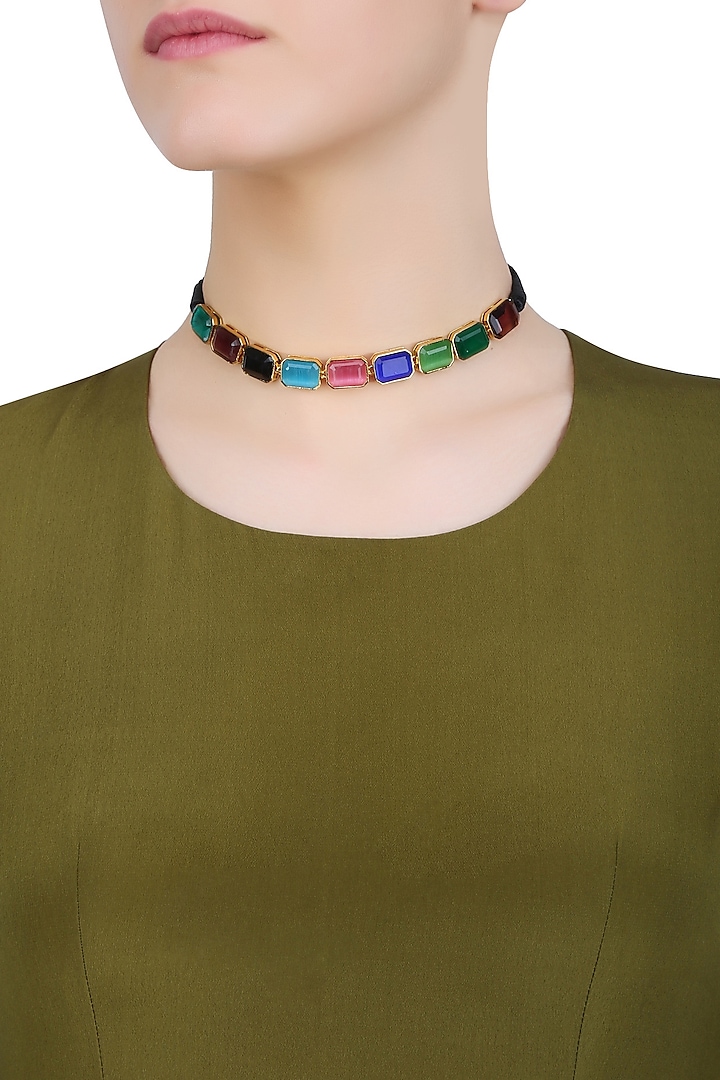 Blue, Pink, Green, Black And Brown Semi Precious Stone Black Thread Necklace by Valliyan by Nitya Arora
