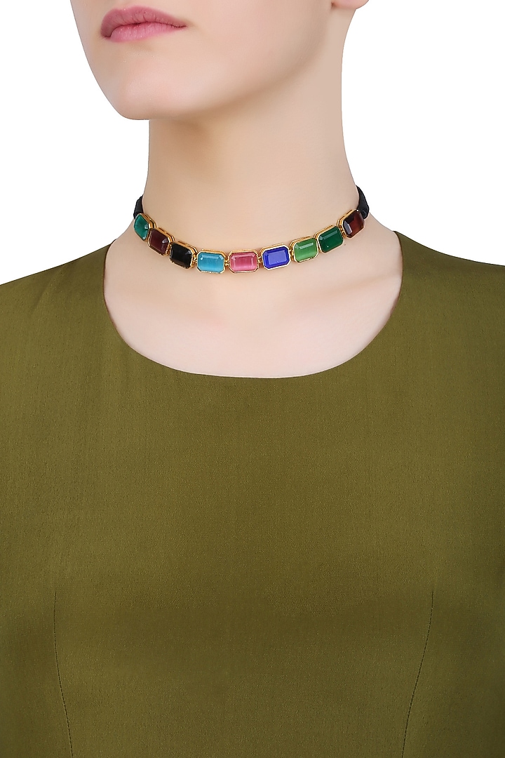 Valliyan by Nitya Arora presents Blue, pink, green, black and brown semi precious stone black thread necklace available only at Pernia's Pop Up Shop.