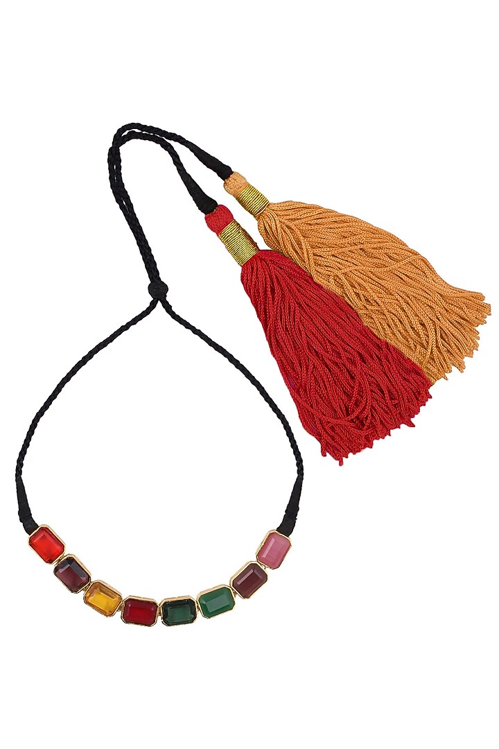 Valliyan by Nitya Arora presents Blue, pink, green, orange and brown semi precious stone black thread necklace available only at Pernia's Pop Up Shop.