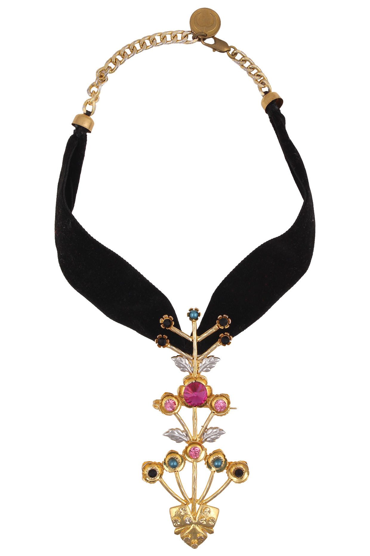 Gold Finish Stone Studded Floral Pendant With Black Thread by Valliyan by Nitya Arora