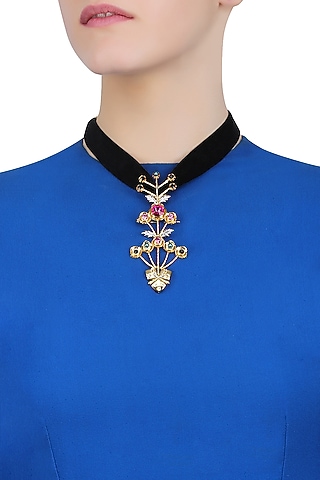 Gold Finish Stone Studded Floral Pendant With Black Thread by Valliyan by Nitya Arora
