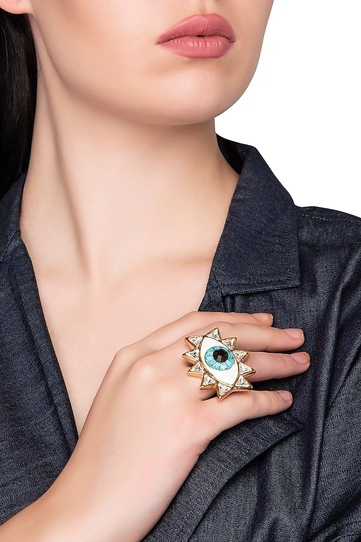 Glod Plated Evil Eye Ring with Swarovski Crystals by Valliyan by Nitya Arora
