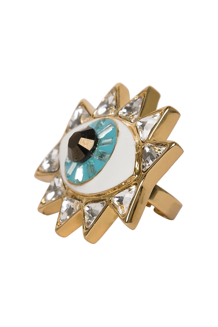 Glod plated evil eye ring with swarovski crystals available only at Pernia's Pop Up Shop.