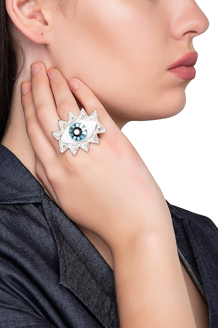 Silver Plated Evil Eye Ring with Swarovski Crystals by Valliyan by Nitya Arora