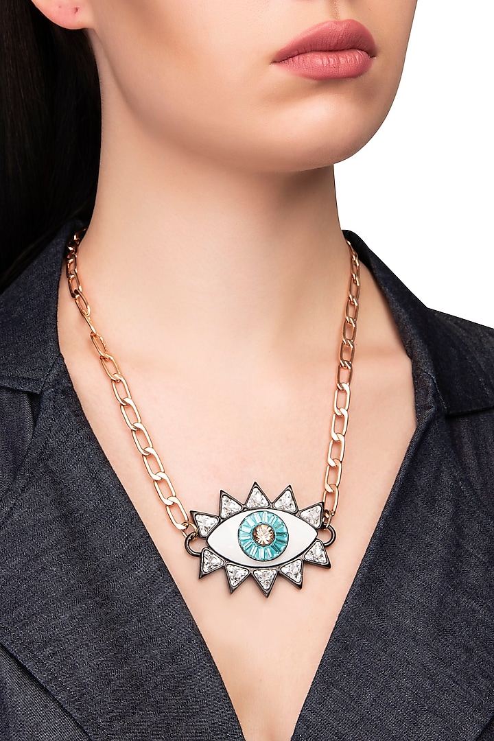 The Evil Eye Necklace with Rose Gold Plating and Swarvoski Crystals by Valliyan by Nitya Arora