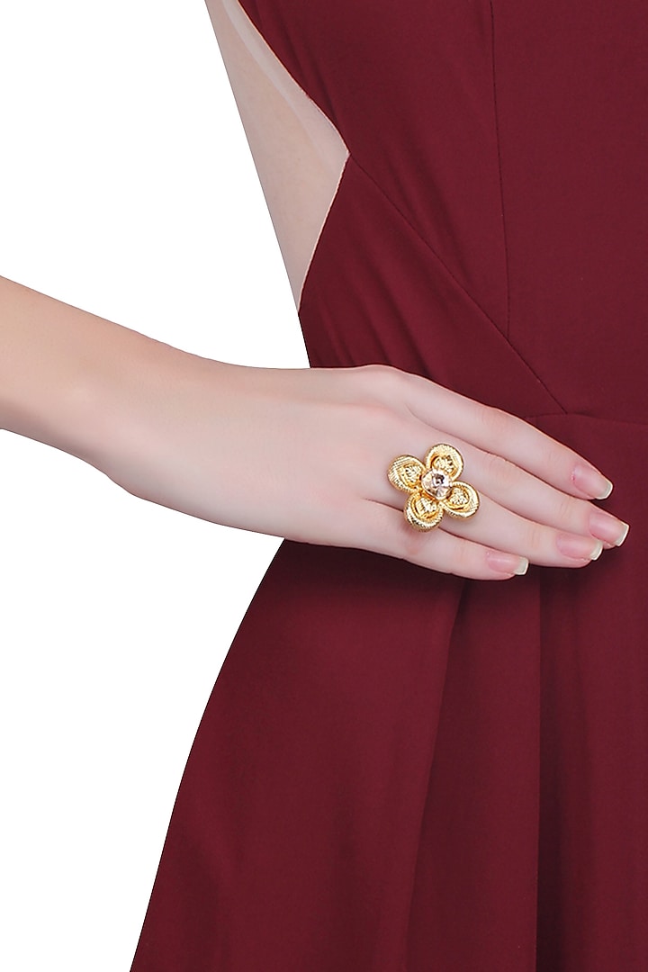 Gold Finish Pink Semi Precious Stones Flower Middie Ring by Valliyan by Nitya Arora