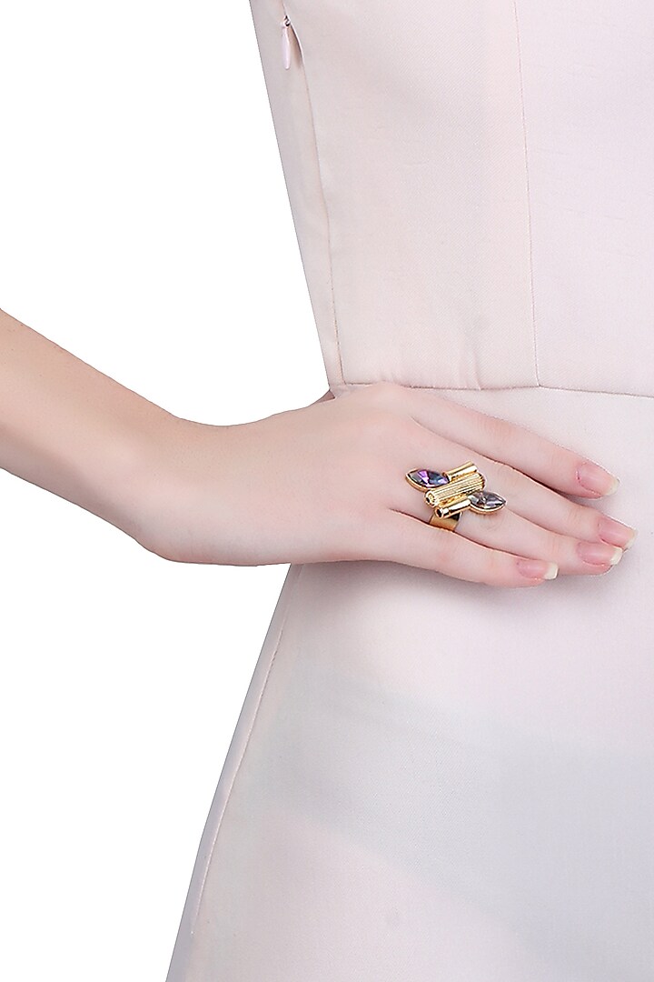 Gold Finish Double Iridescent Semi Precious Stones Adjustable Middie Ring by Valliyan by Nitya Arora
