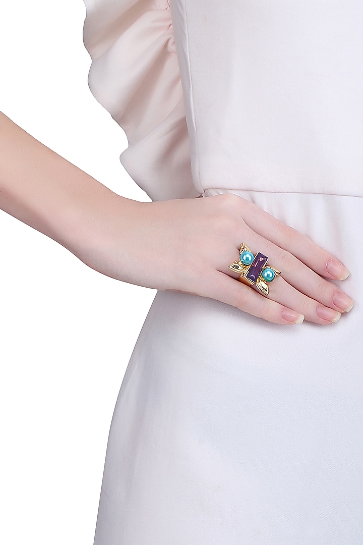 Gold Finish Double Blue Pearl Adjustable Middie Ring by Valliyan by Nitya Arora