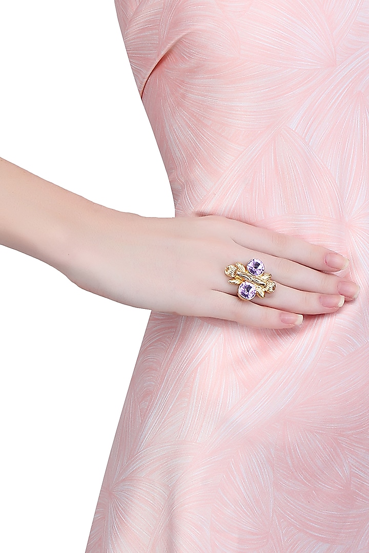 Gold Finish Double Purple Semi Precious Stones Adjustable Middie Ring by Valliyan by Nitya Arora