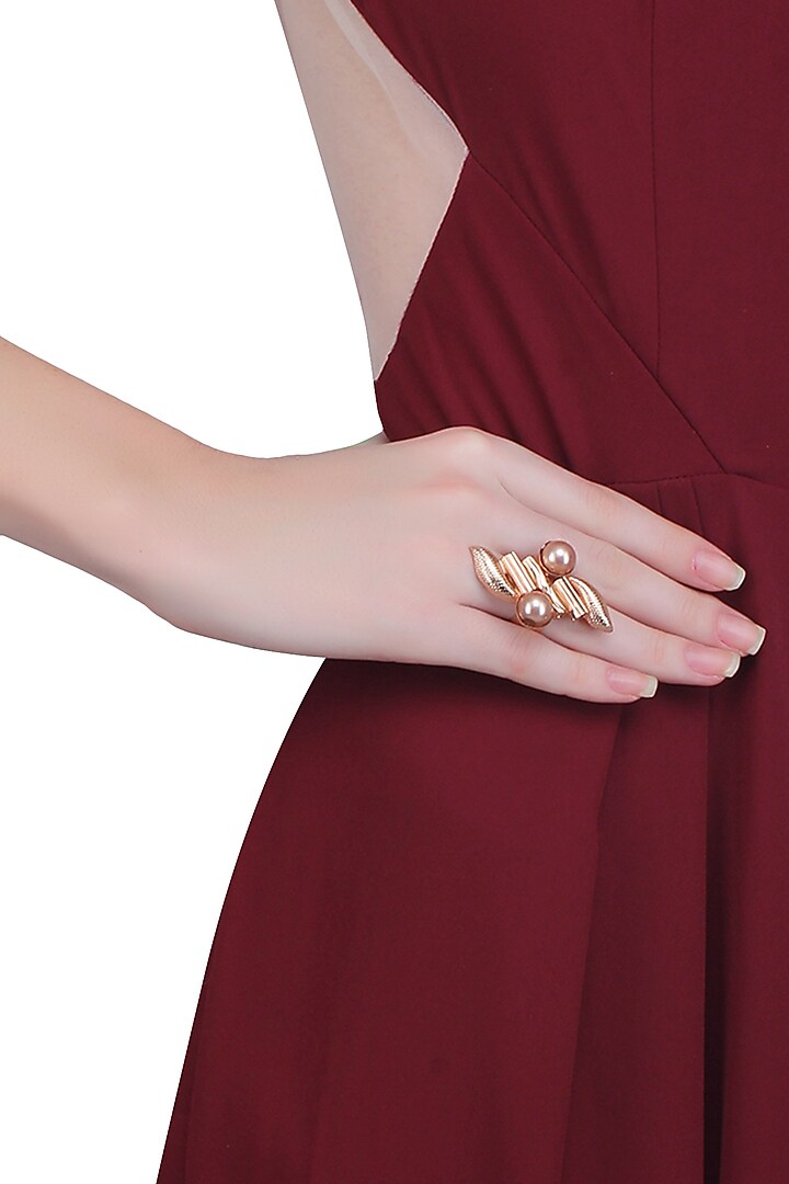 Gold Finish Double Copper Pearl Adjustable Middie Ring by Valliyan by Nitya Arora