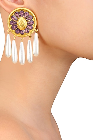 Gold Plated Ethnic White Drop Earrings by Valliyan by Nitya Arora