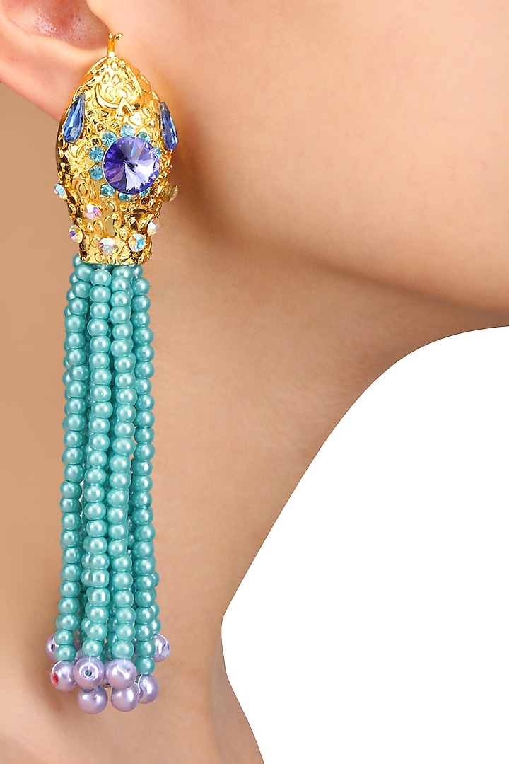 Gold Plated Ethnic Blue Bead Tassel Earrings by Valliyan by Nitya Arora