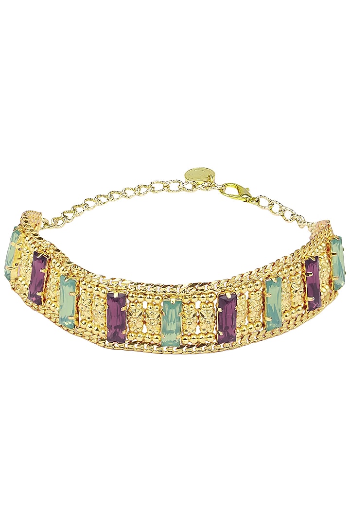 Valliyan by Nitya Arora presents Gold plated green and pink semi precious stone choker available only at Pernia's Pop Up Shop.