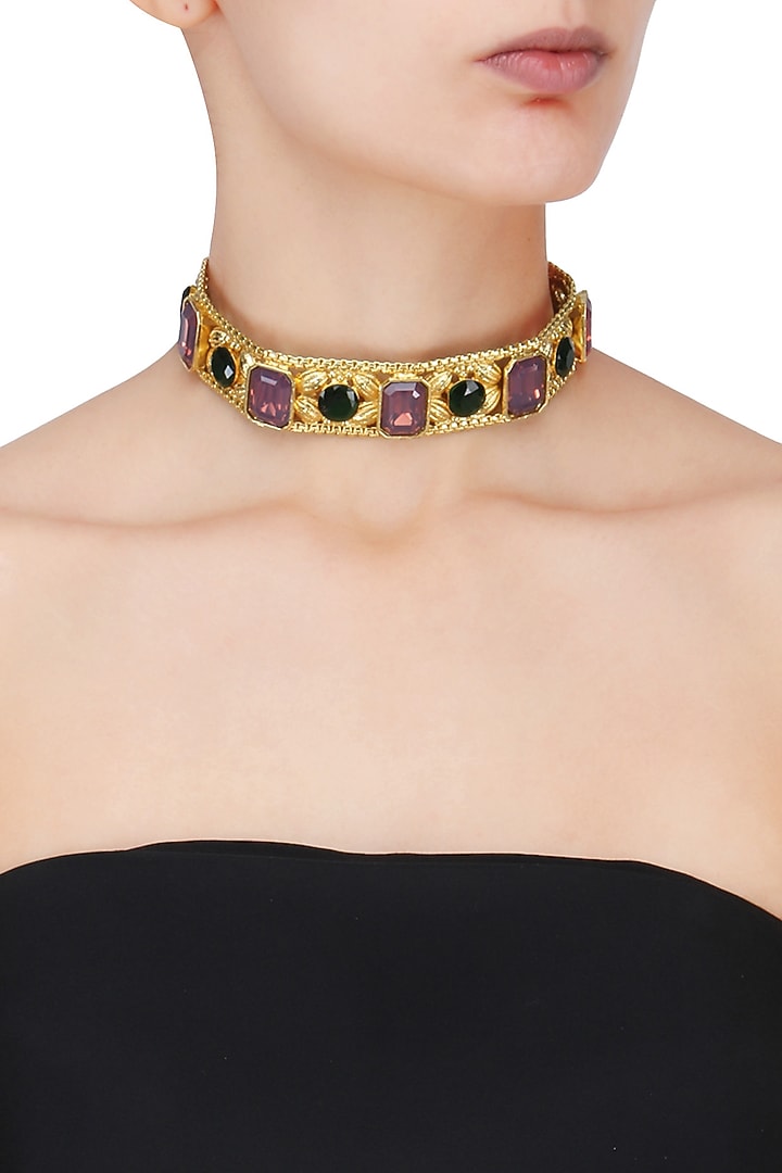 Valliyan by Nitya Arora presents Gold plated pink glass stone choker available only at Pernia's Pop Up Shop.