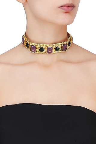 Gold Plated Pink Glass Stone Choker by Valliyan by Nitya Arora