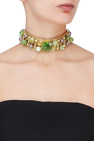 Gold Plated Green Glass Stone Choker by Valliyan by Nitya Arora