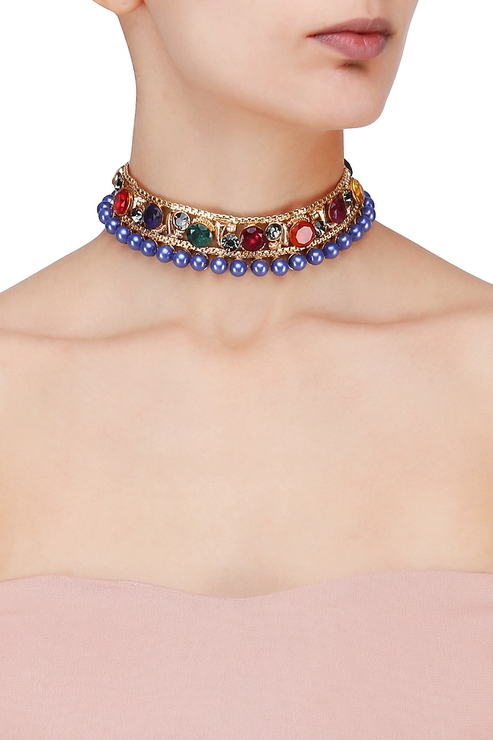 Gold Plated Multicolor Semi Precious Stone and Blue Pearls Choker by Valliyan by Nitya Arora