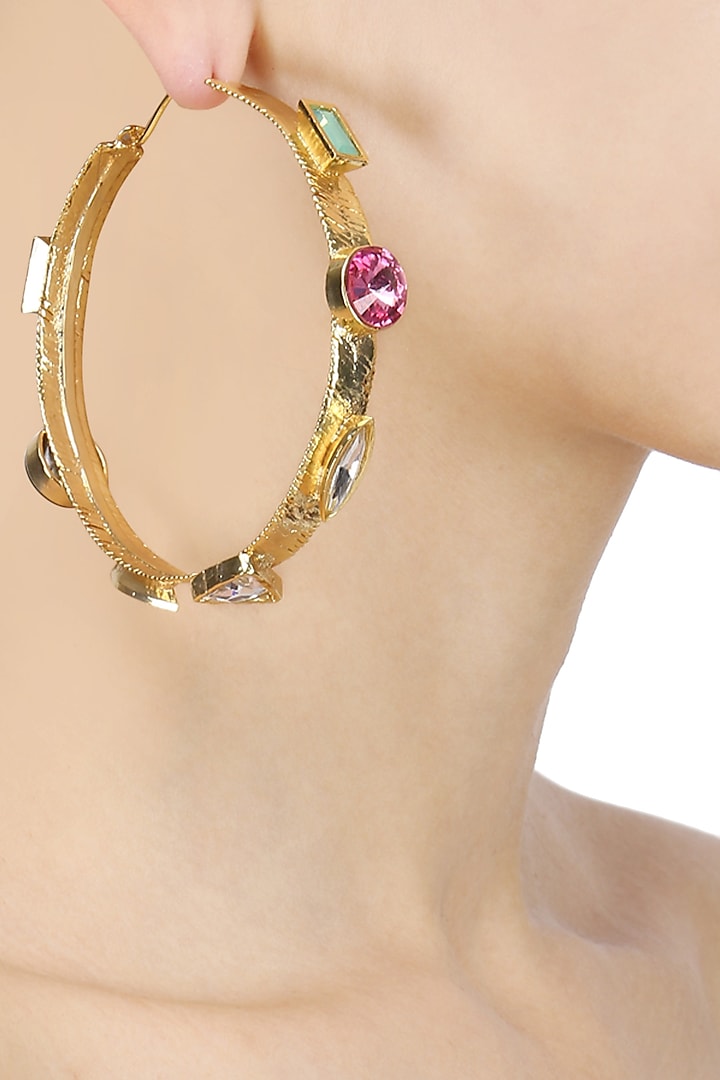 Gold Plated Multicolor Semi Precious Stone Hoop Earrings by Valliyan by Nitya Arora