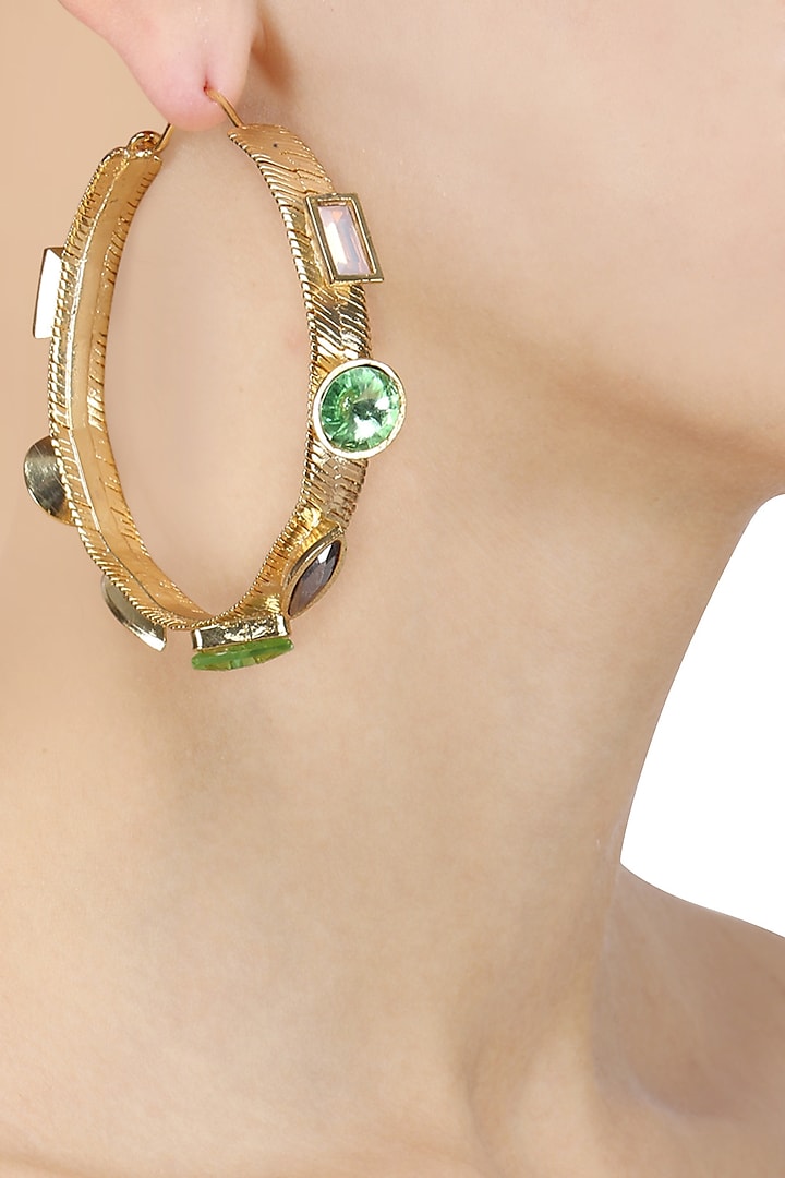Gold Plated Green Semi Precious Stone Hoop Earrings by Valliyan by Nitya Arora