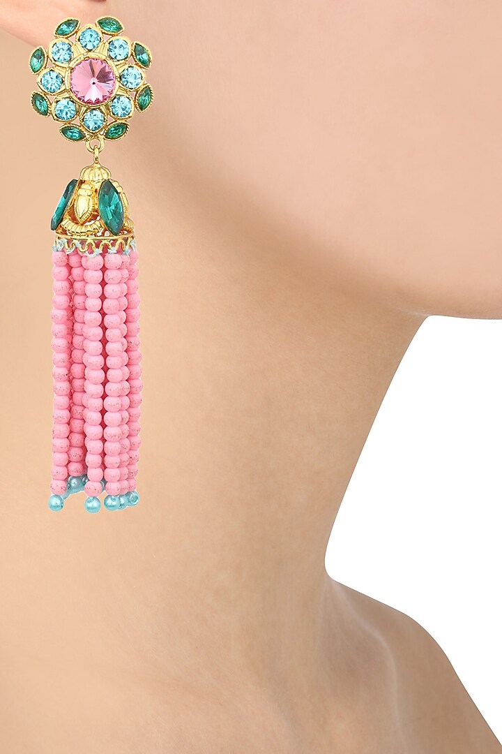 Valliyan by Nitya Arora presents Gold plated baruka pink bead tassel earrings available only at Pernia's Pop Up Shop.