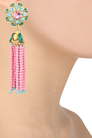 Gold Plated Baruka Pink Bead Tassel Earrings by Valliyan by Nitya Arora
