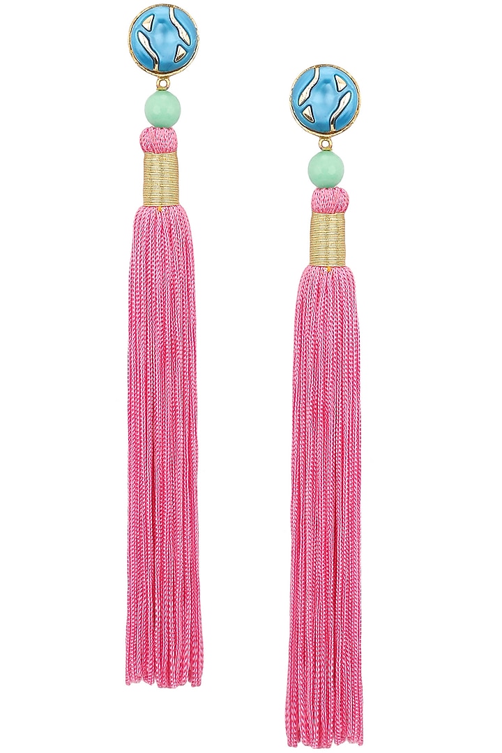 Valliyan by Nitya Arora presents Gold plated green stone and pink tasseled earrings available only at Pernia's Pop Up Shop.