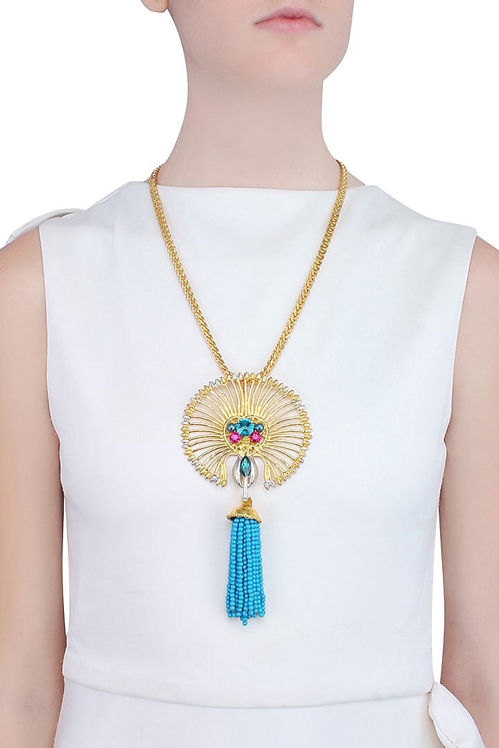 Gold Finish Round Jaal Semi Precious Stone Pendant Chain Necklace by Valliyan by Nitya Arora