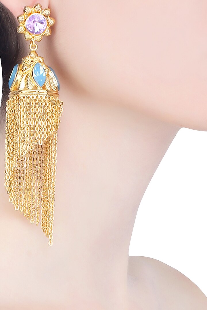 Gold Finish Semi Precious Stone Jhumki Style Earrings by Valliyan by Nitya Arora