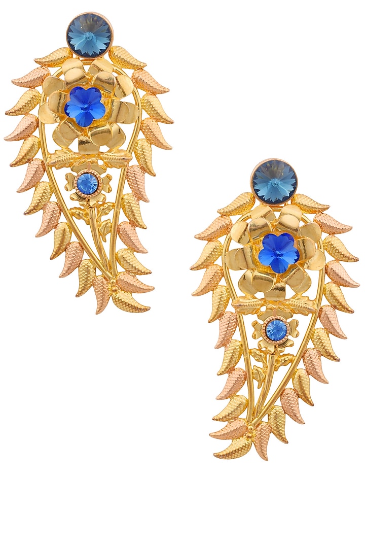 Vaaliyan by Nitya Arora presents Gold and rose gold finish semi precious stone paisley earrings available only at Pernia's Pop Up Shop.