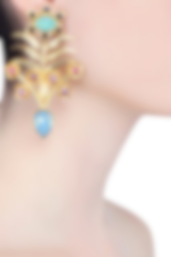 Gold Finish Semi Precious Stone Flower Earrings by Valliyan by Nitya Arora