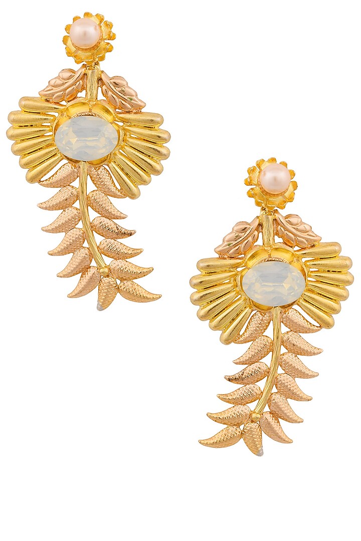 Vaaliyan by Nitya Arora presents Gold and rose gold finish pearl leaf shape earrings available only at Pernia's Pop Up Shop.
