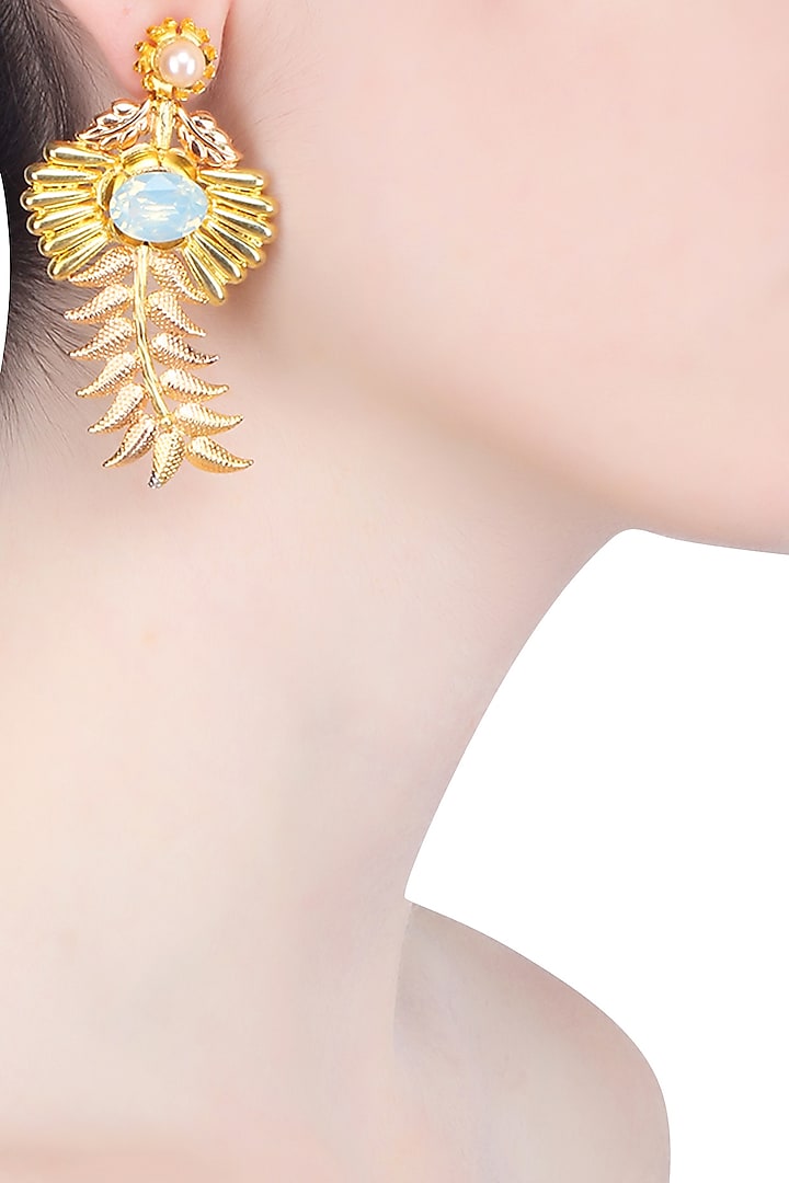 Gold and Rose Gold Finish Pearl Leaf Shape Earrings by Valliyan by Nitya Arora