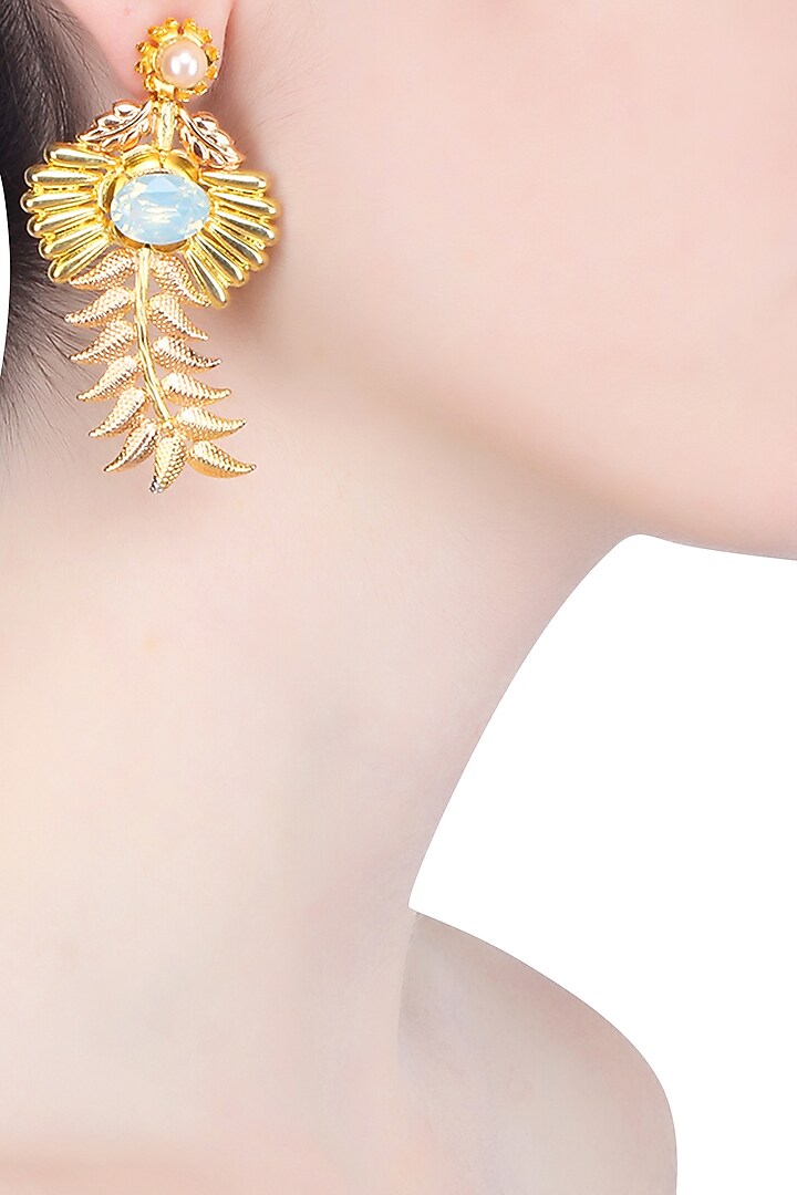 Vaaliyan by Nitya Arora presents Gold and rose gold finish pearl leaf shape earrings available only at Pernia's Pop Up Shop.