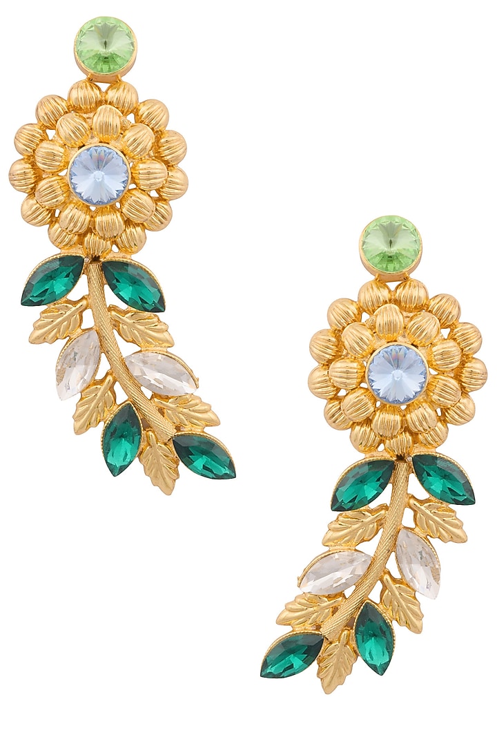 Vaaliyan by Nitya Arora presents Gold finish semi precious stone flower and leaf shape earrings available only at Pernia's Pop Up Shop.
