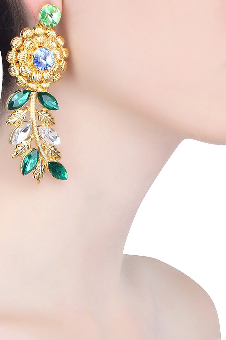 Gold Finish Semi Precious Stone Flower and Leaf Shape Earrings by Valliyan by Nitya Arora