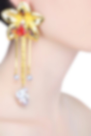 Gold Finish Pearl and Semi Precious Stone Flower Earrings by Valliyan by Nitya Arora