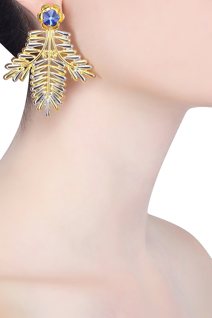Rhodium and Gold Finish Leaf Shape Earrings by Valliyan by Nitya Arora