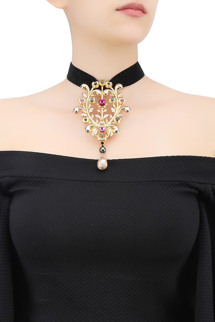 Gold Finish Floral Shape Pendant Black Velvet Band Choker Necklace by Valliyan by Nitya Arora