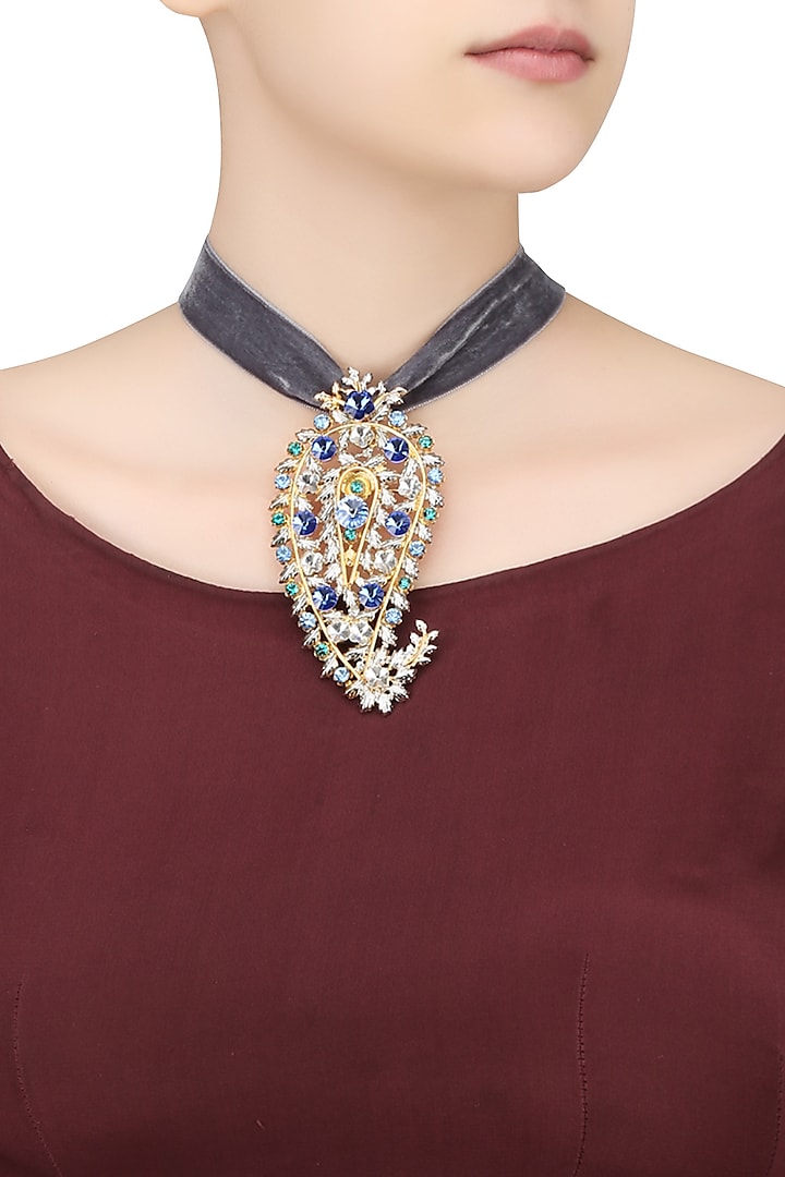 Valliyan by Nitya Arora presents Gold plated paisley peacock grey velvet choker available only at Pernia's Pop Up Shop.