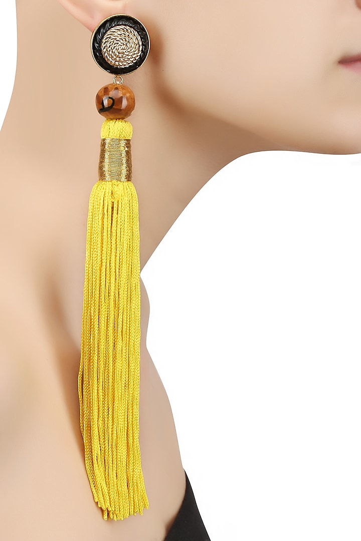 Yellow Silk Tassel Earrings by Valliyan by Nitya Arora