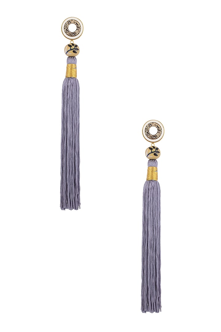 Valliyan by Nitya Arora presents Steel Grey Silk Tassel Earrings available only at Pernia's Pop Up Shop.