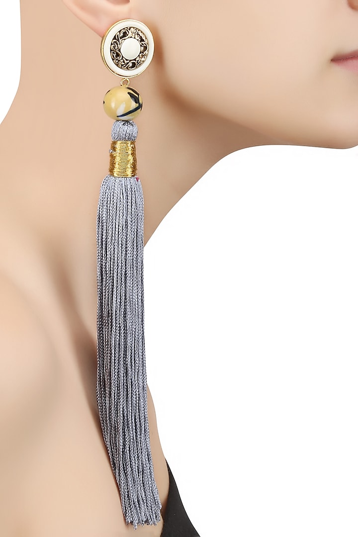 Steel Grey Silk Tassel Earrings by Valliyan by Nitya Arora