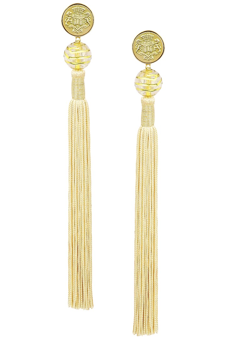 Gold plated textured beige silk tassel earrings available only at Pernia's Pop Up Shop.