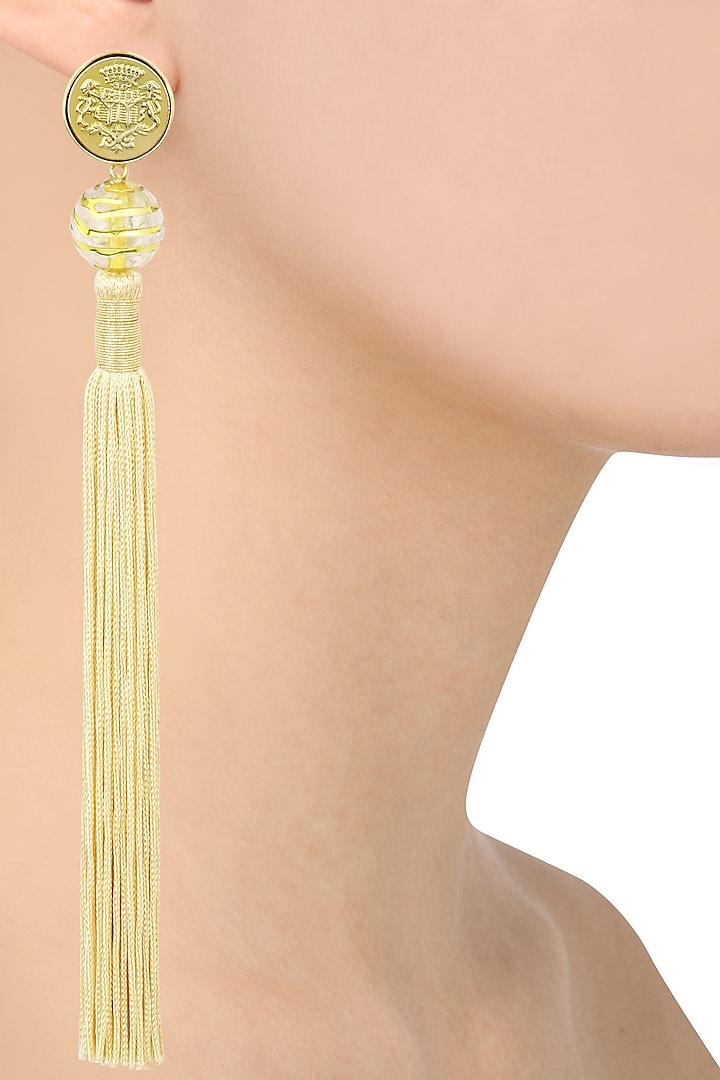 Gold Plated Textured Beige Silk Tassel Earrings by Valliyan by Nitya Arora