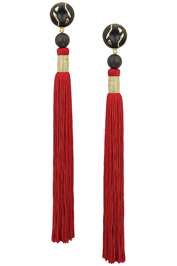 Gold plated black stone and red silk tassel earrings available only at