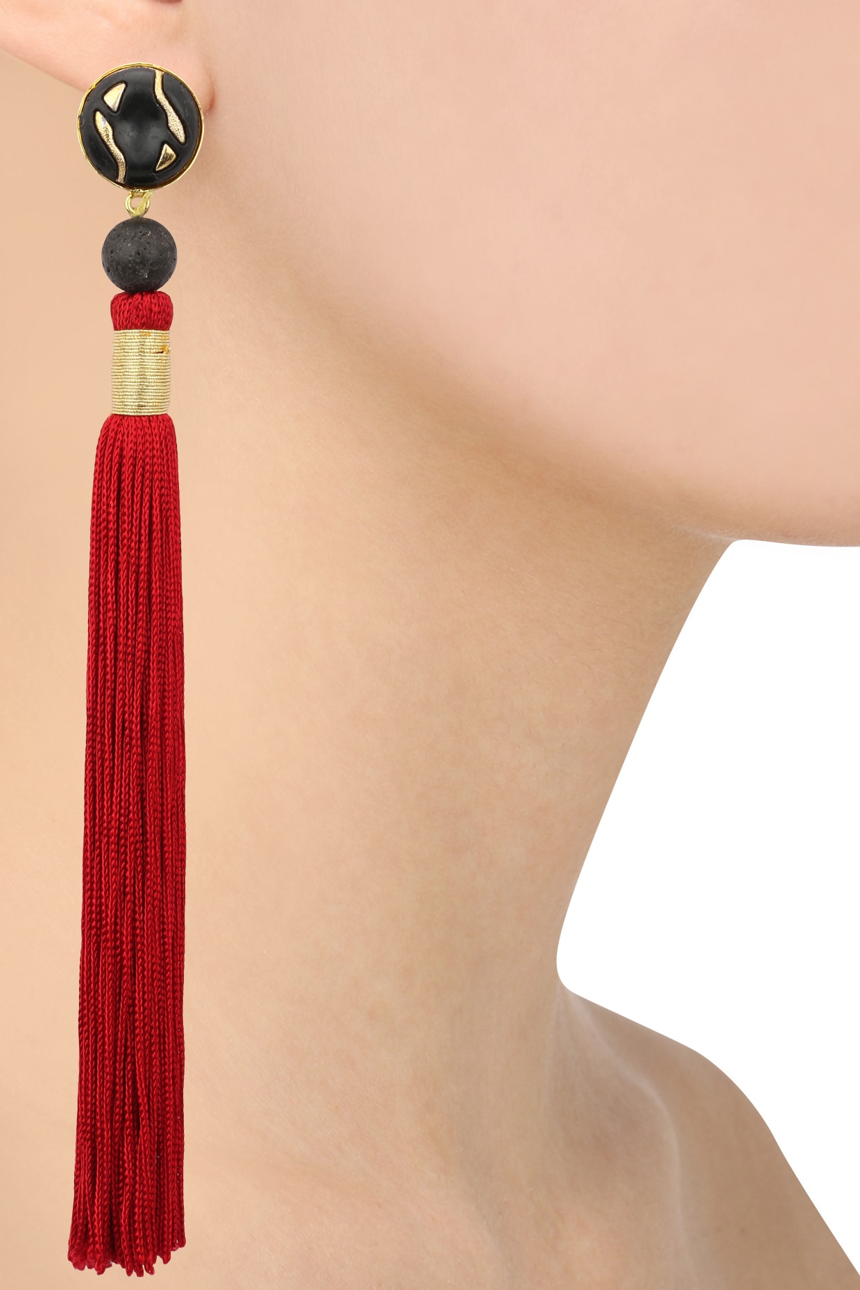 Native American Hand Beaded Earrings: Red & Black Rounds