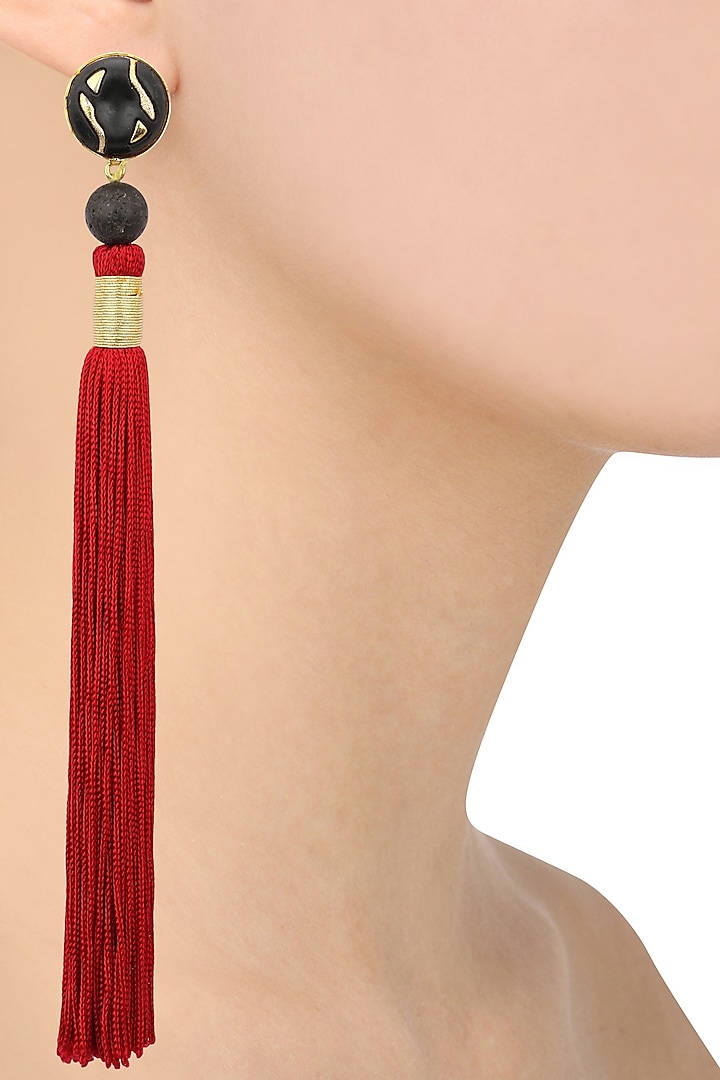 Gold Plated Black Stone and Red Silk Tassel Earrings by Valliyan by Nitya Arora